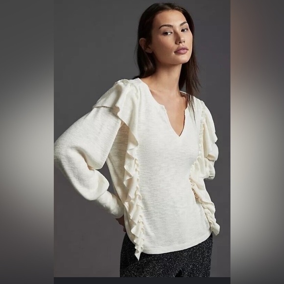 Pilcro & the Letterpress White Thermal Long Sleeve Top V Neck Ruffled Size M - Picture 1 of 7